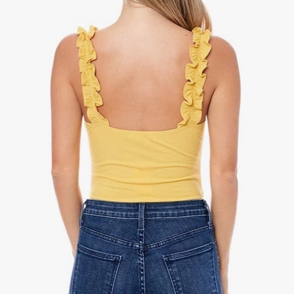 ELODIE Yellow Ribbed Tank Ruffle Straps Bodysuit Large - Picture 2 of 10